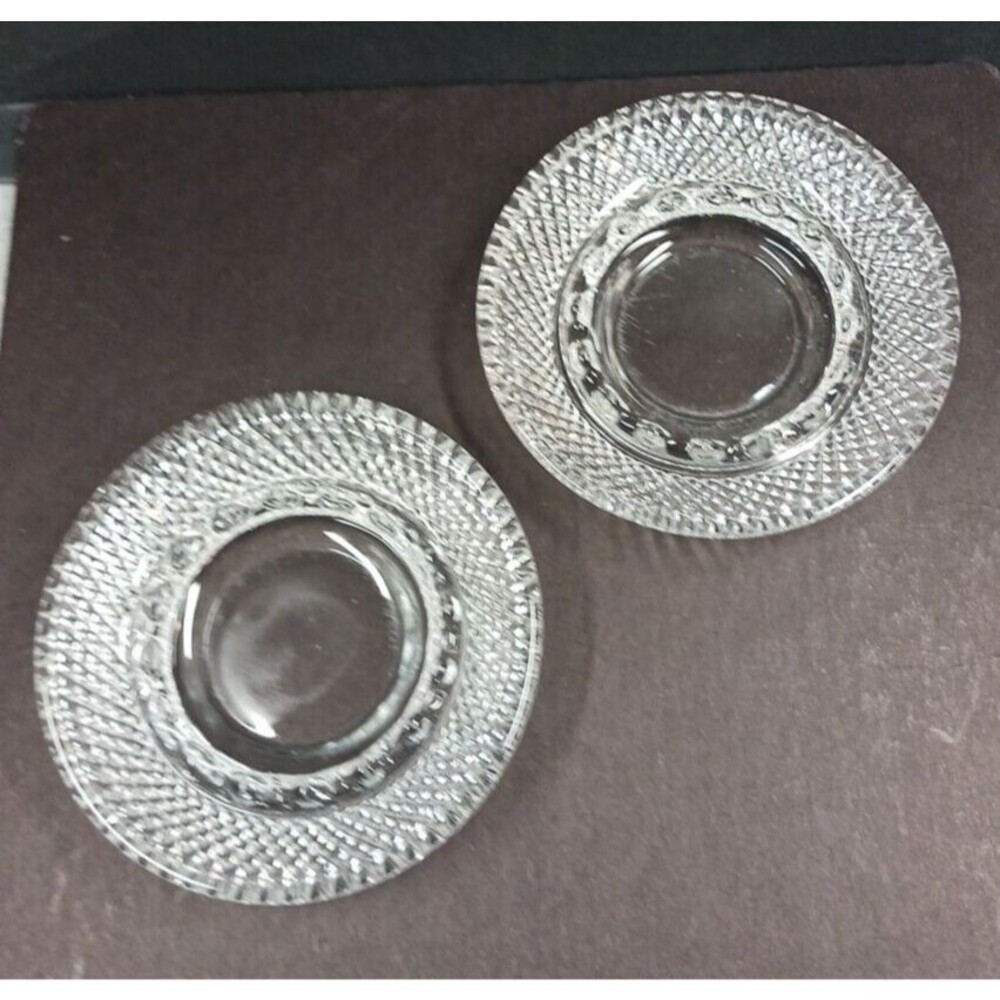 PAIR VTG Round Hobnail Diamond Point 3.75" Clear Glass Ashtray MCM Candle Tray